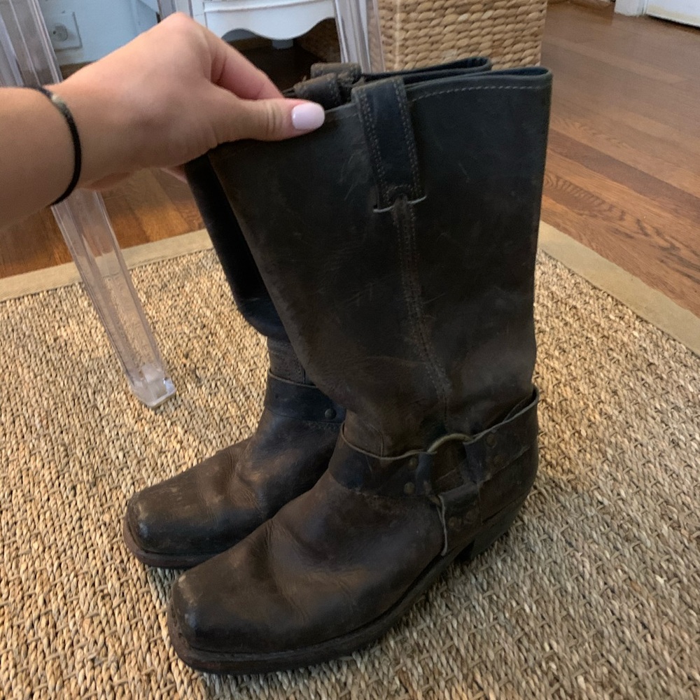 Frye brown distressed harness boots